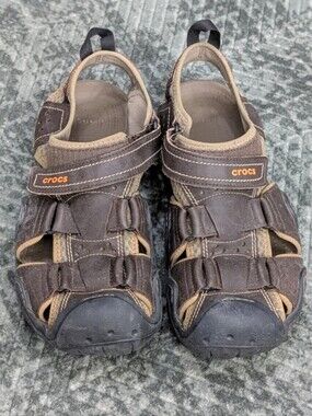 Crocs Swiftwater Fisherman Sandals Mens Sz 10 Brown Leather 204562 Hiking Trail
